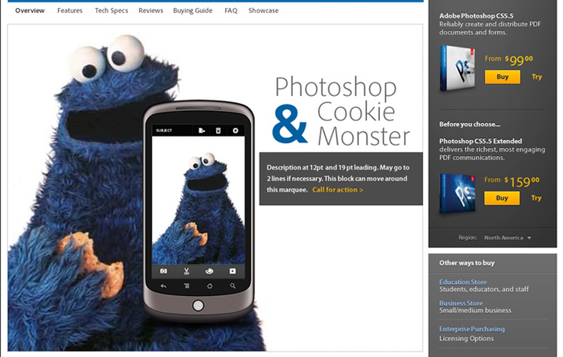 Photoshop page running Adobe & campaign featuring Cookie Monster
