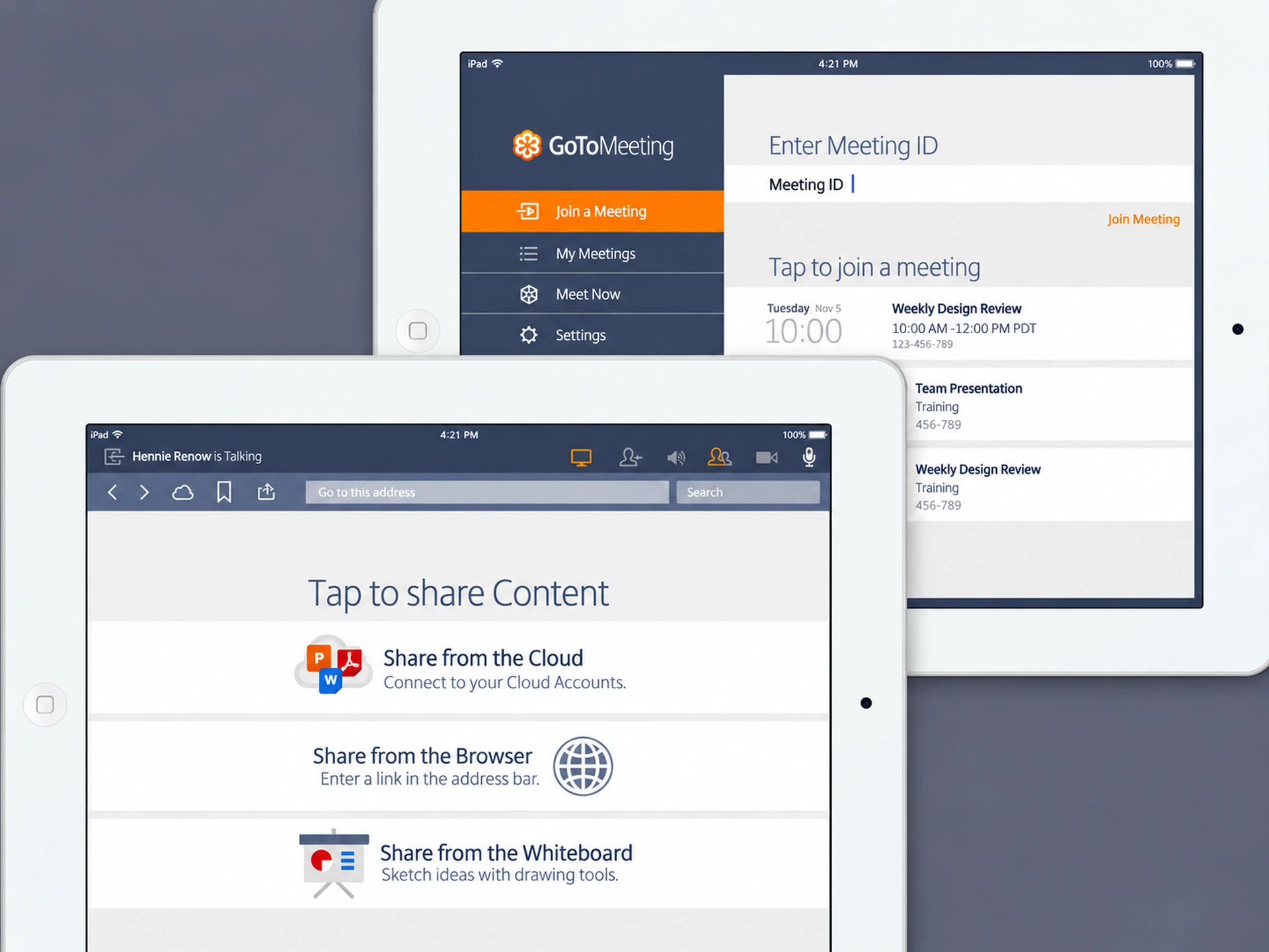 GoToMeeting iOS app, iPad: Meeting List and Share Option Screens