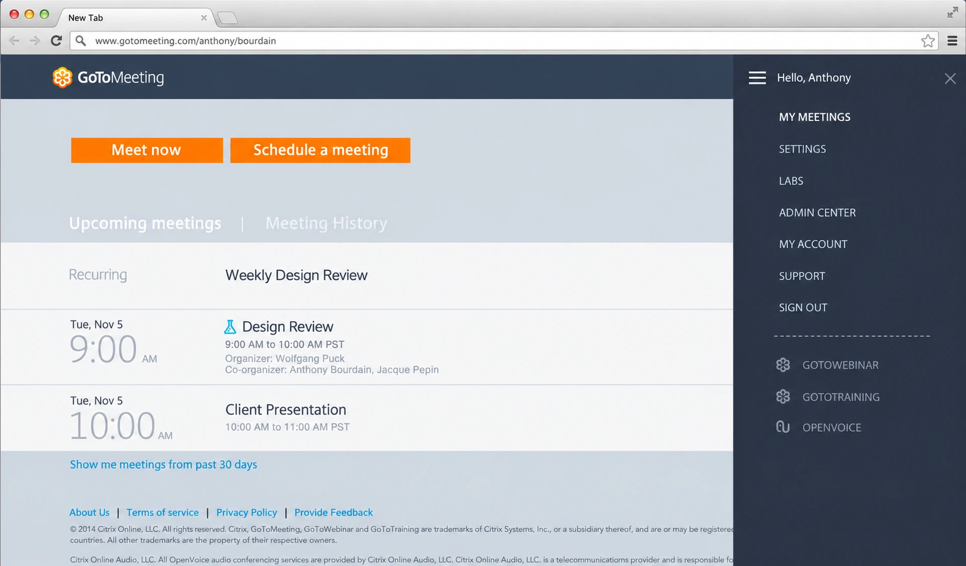 GoToMeeting: Post Login, Slidein Options