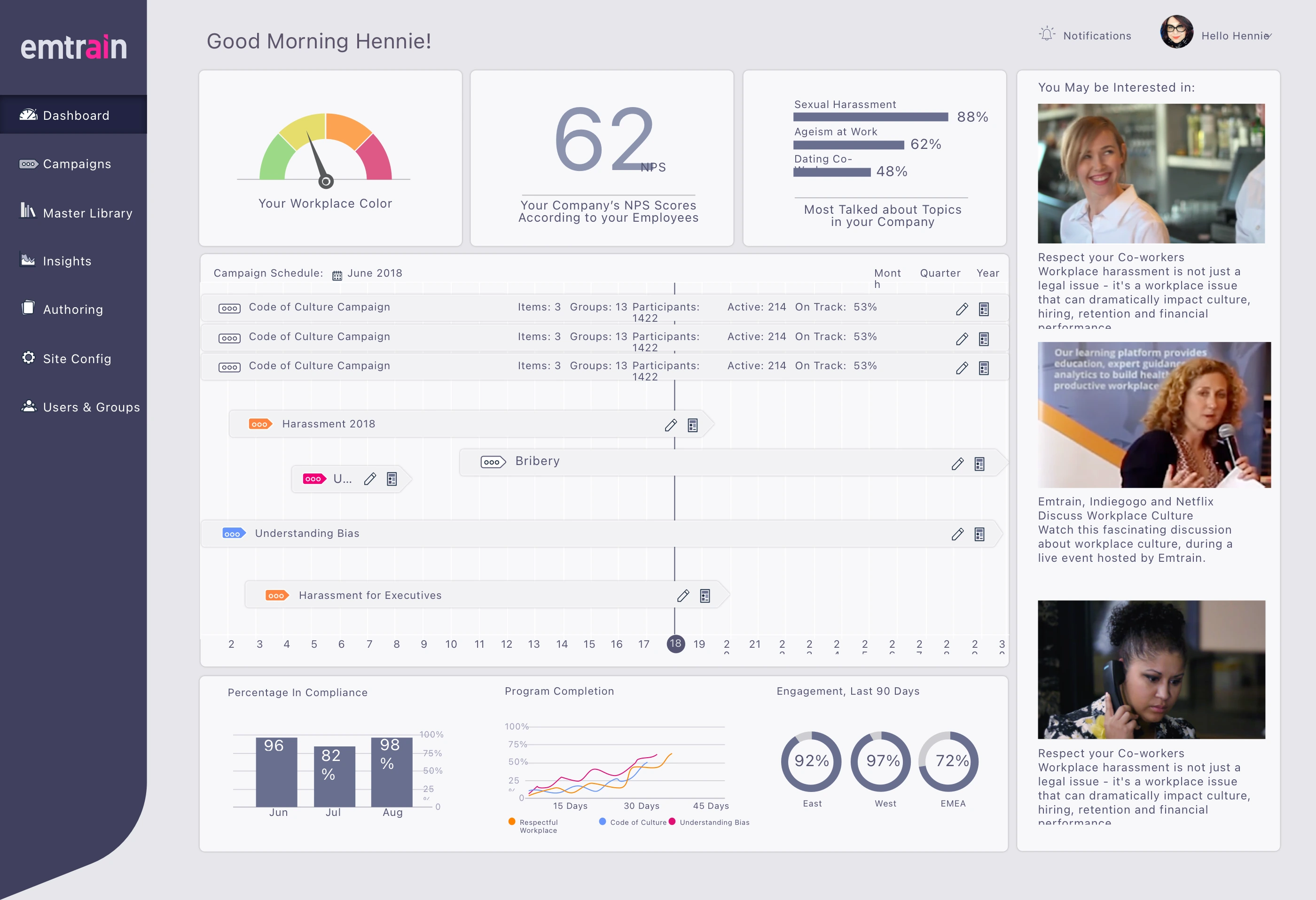 Emtrain Platform, admin dashboard