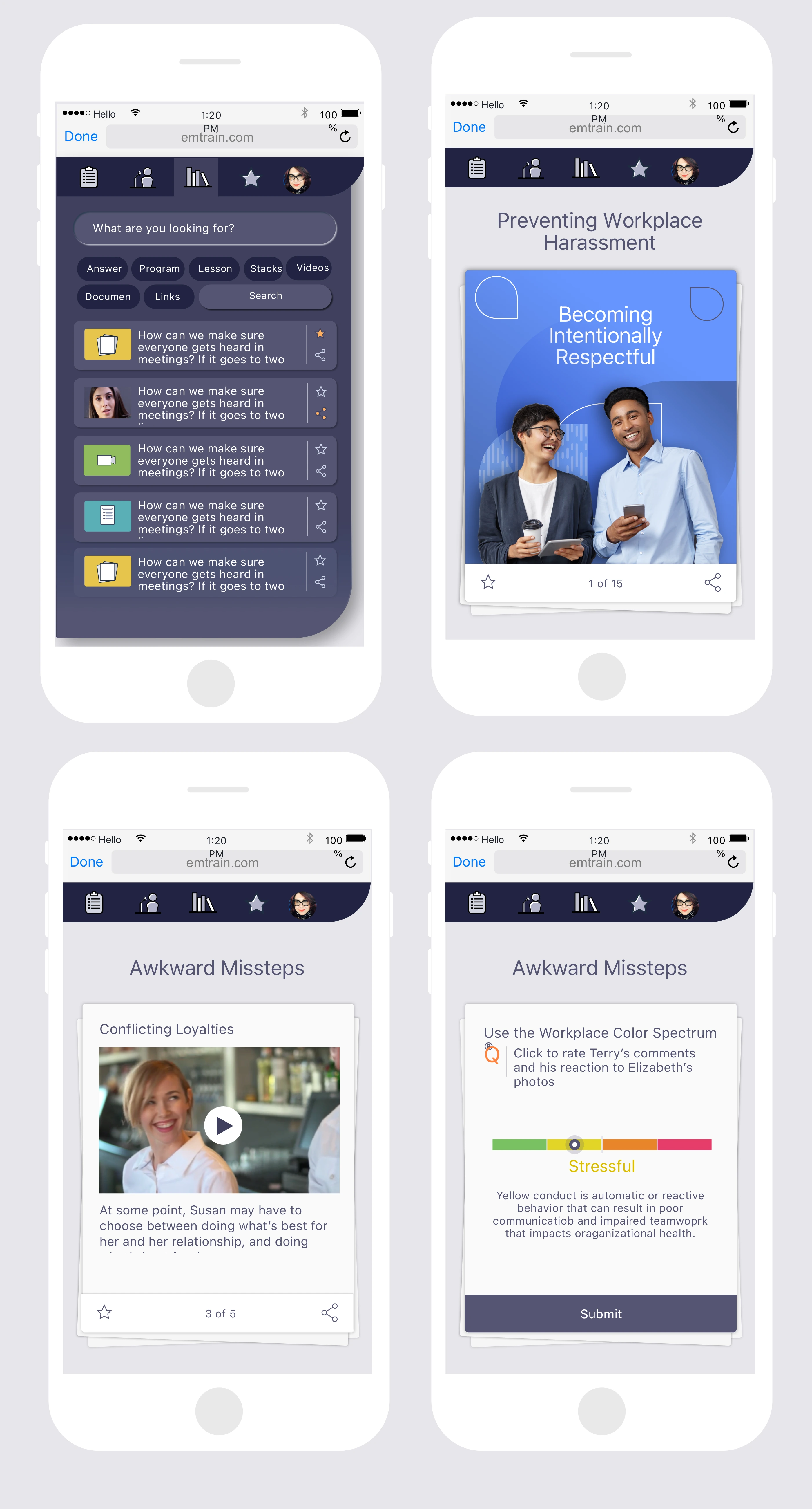 Emtrain Platform, learner's mobile view