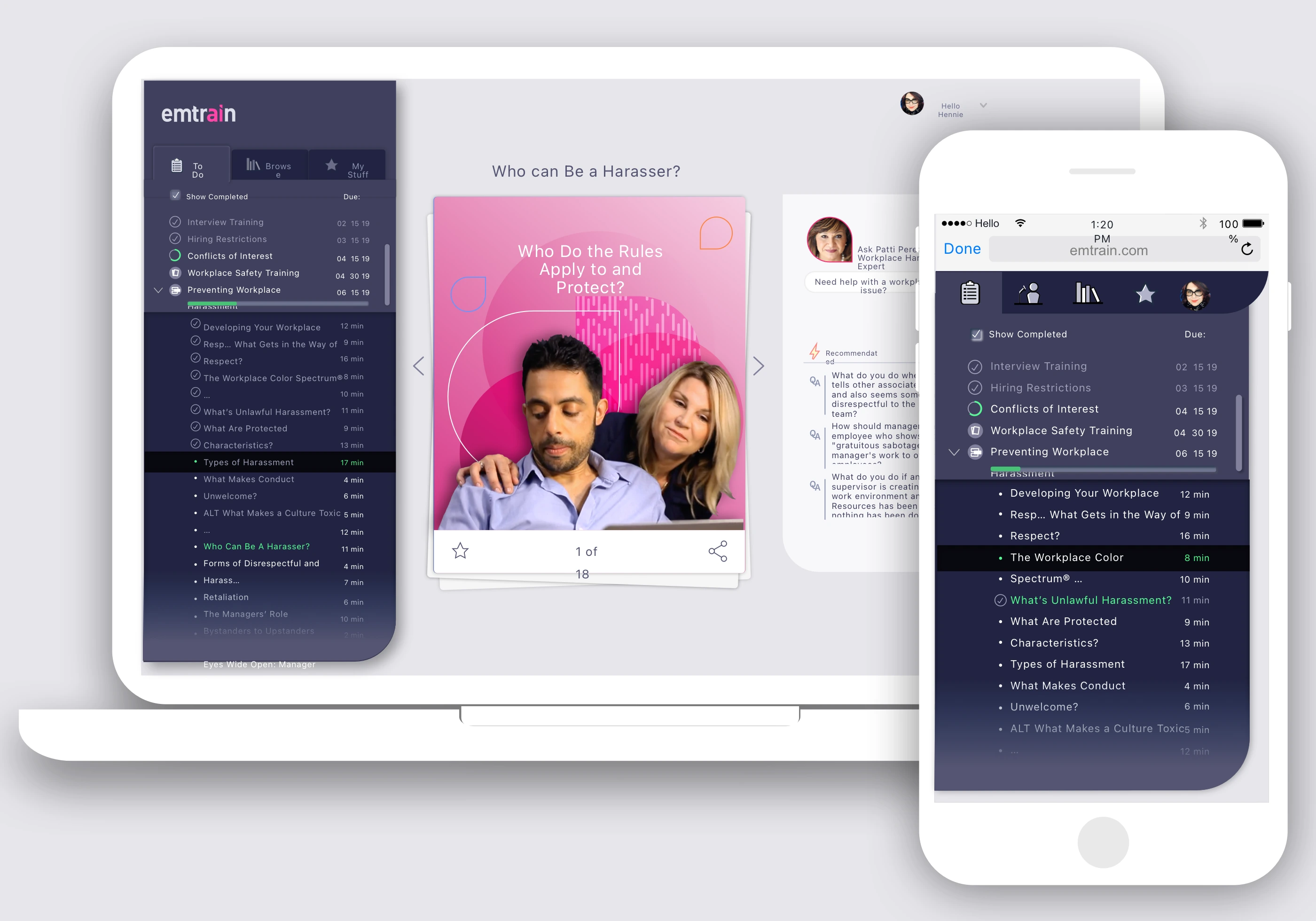Emtrain Platform, learner's desktop and mobile view