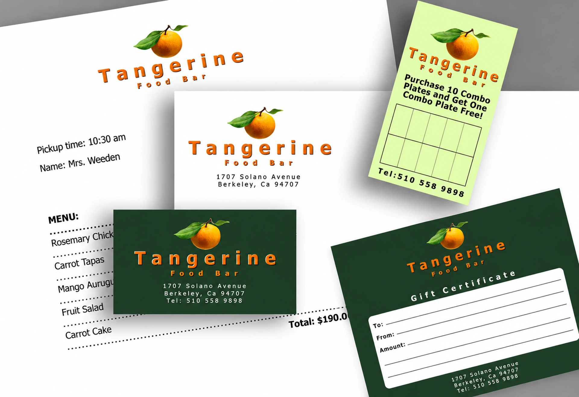 Tangerine Food Bar: Logo design and collateral system for a cafe/deli serving fresh seasonal food to go.